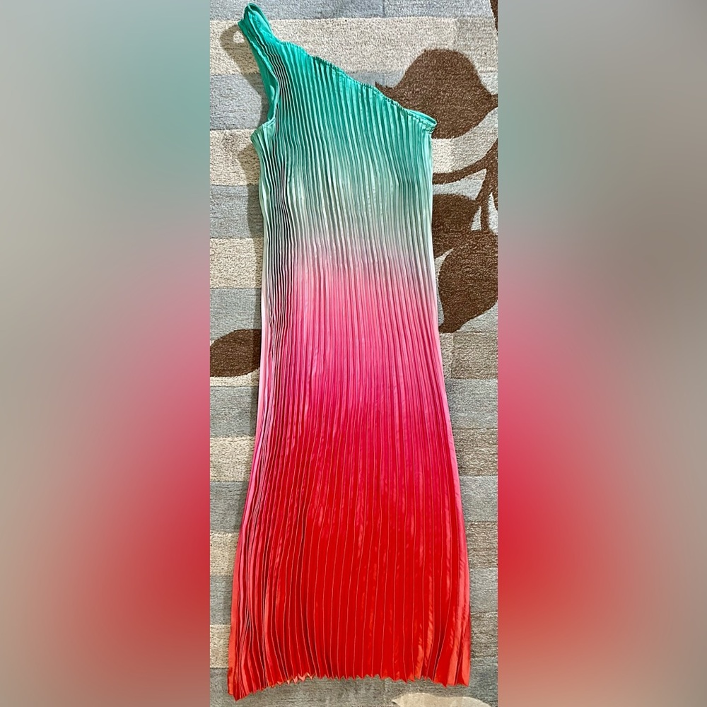 Nicole Miller Sleeveless One Shoulder Summer Sunset Ombré Satin Plissé Gown - Picture 3 of 11